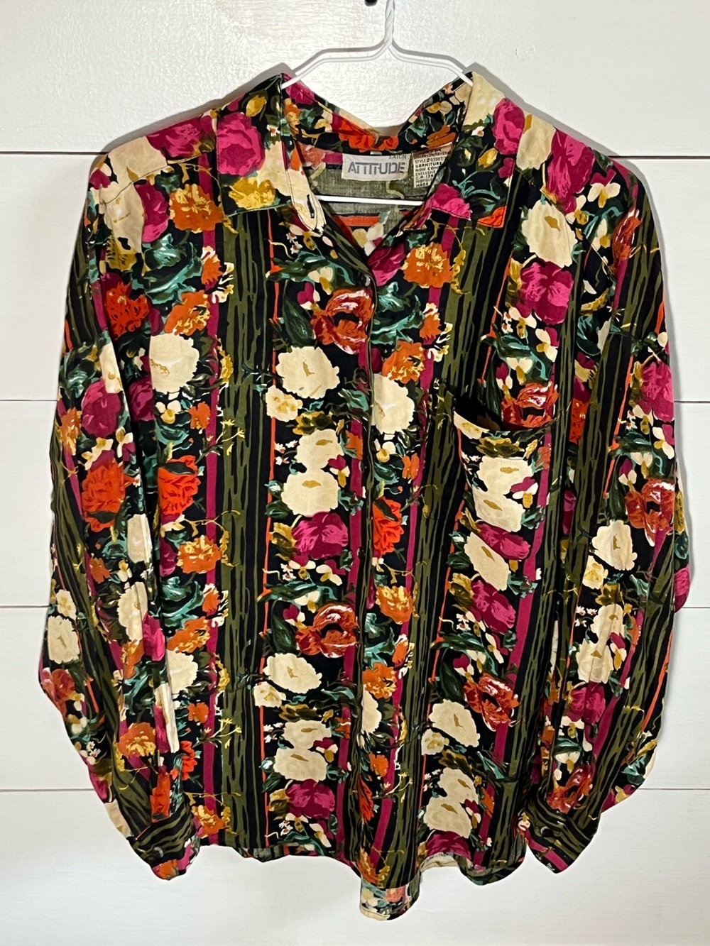 Vintage Attitude Floral Button-Up Blouse in Black with Pink & Cream Blooms
